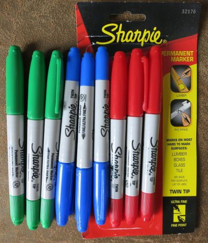 9 SHARPIE Twin Tip permanent MARKERS 32176 RED/GREEN/BLUE ultra fine/fine point