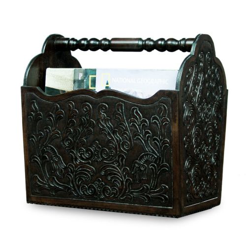 Magazine rack wood &amp; brown leather hand tooled &#039;colonial splendor&#039; novica peru for sale