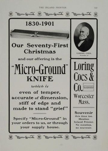 1901 ad loring coes co. micro-ground knife worcester ma - original advertising for sale