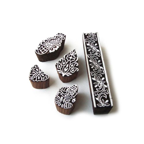 Hand carved floral &amp; ganesha pattern wooden block tags (set of 5) for sale