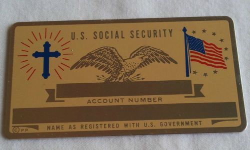 VTG Social Security Card Brass/Aluminum Metal Christian Cross  w/ U.S. Flag Card