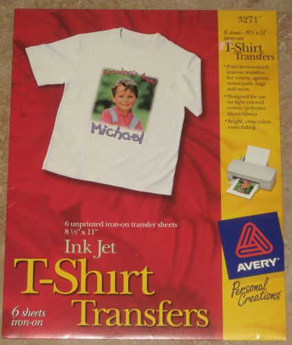 Avery t-shirt transfer *unopened pack of* 6 sheets for inkjet printers #3271 for sale