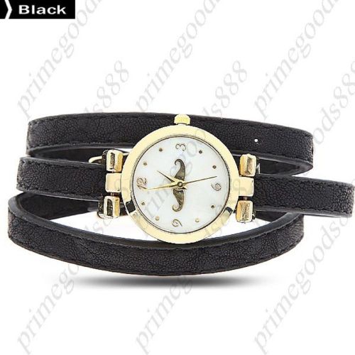Mustache gold pu leather quartz wrist wristwatch lady ladies women&#039;s black for sale