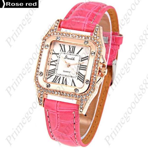 Square Rhinestones PU Leather Analog Quartz Wrist Wristwatch Women&#039;s Rose Red