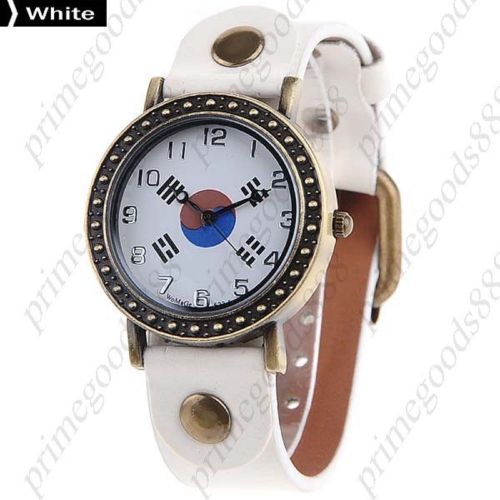 South Korea Flag Synthetic Leather Lady Ladies Quartz Wristwatch Women&#039;s White