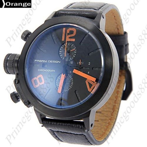 High End Black Face Leather Quartz Sub Dials Date Men&#039;s Wrist Wristwatch Orange