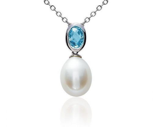 Freshwater Cultured Pearl Blue Topaz Pendant in Sterling Silver Free Shipping