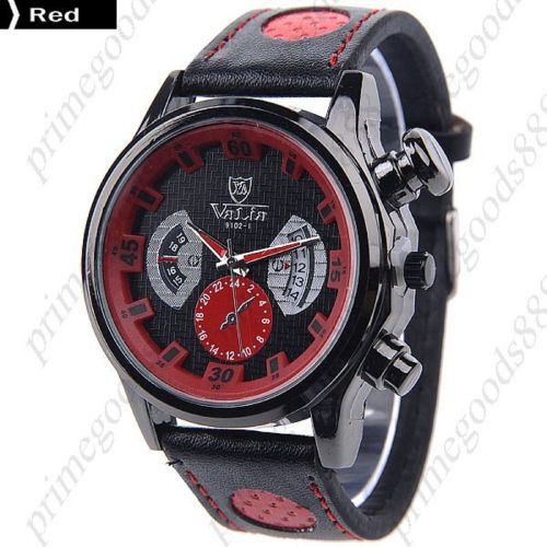 PU Leather Round Quartz Analog Date Wrist Men&#039;s Free Shipping Wristwatch Red