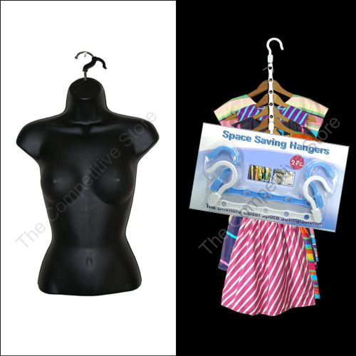 Black Female Torso Mannequin Form for S-M Sizes + 2 Free Space Savers Hangers