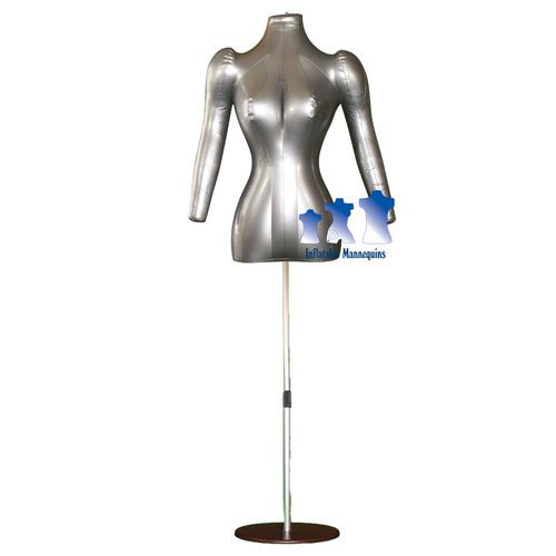 Inflatable Female Torso with Arms, Silver and Aluminum Adjustable Stand, Brown