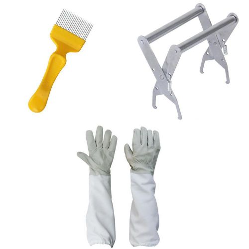Bee Hive Frame Holder Lifter Capture Grip Tool+1Pair Gloves+Fork for Beekeeper