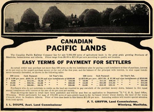 1908 ad canadian pacific lands railway acreage for sale - original tw1 for sale