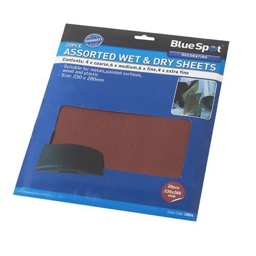 Blue Spot 20Pce Wet &amp; Dry Sandpaper Course Medium Fine Extra Fine DIY Hand Tools