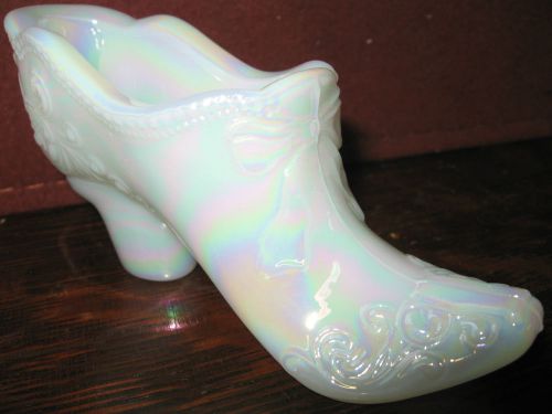 White Milk carnival glass Bow pattern Shoe Slipper Boot iridescent christmas art
