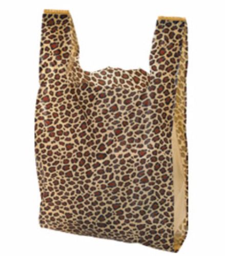 50 Leopard Plastic 8&#034;x5&#034;x16&#034; T-Shirt Bags  Animal W\Handle Retail Gift Bags