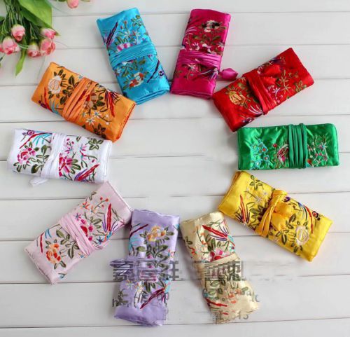 wholesale5PCS CHINESE HANDMADE EMBROIDERED BROCADE SILK JEWELRY ROLLS POUCH