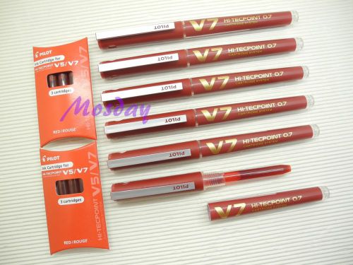 6pcs Pilot Hi-Tecpoint V7 Cartridge System RollerBall Pen+Refill 6+6, RED