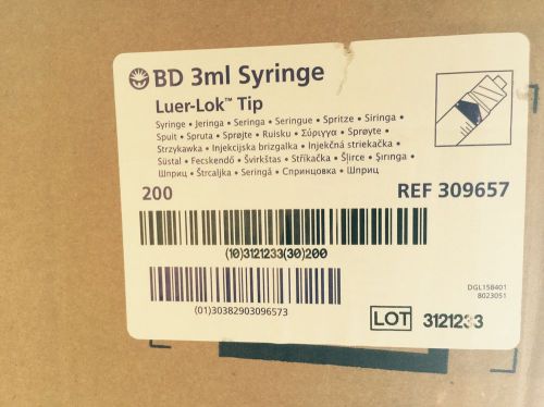 BD Ref. # 309657 box of 200 3ml syringes with Luer-Lok tip (no needle)