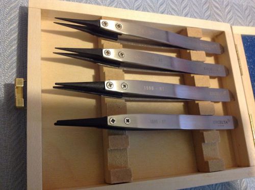 Excelta 159-rt, 159a-rt, 159b-rt &amp; 159d-rt tweezer set with wooden case for sale