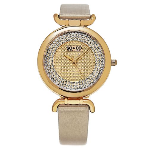 SO &amp; CO NY Women&#039;s 5264.2 Gold Dress Satin Twill Covered Leather Strap  Watch