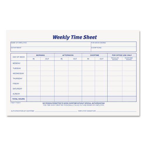 Weekly Time Sheets, 5 1/2 x 8 1/2, 100/Pad, 2/Pack