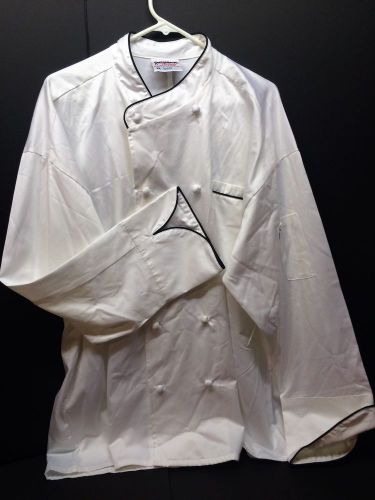 Classy White Chef Coat W/ Blk Trim &amp; Wht Knot Closures by Uncommon Threads S zXL