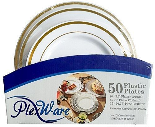 Plexware Golden Rim Plastic Plates 50 Piece Set (20-7.5 Inch, 15 - 9 Inch, 15 -
