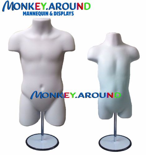2 Mannequin Child Toddler White Torso Form +2 Hook +2 Stand Display Shirt Pants