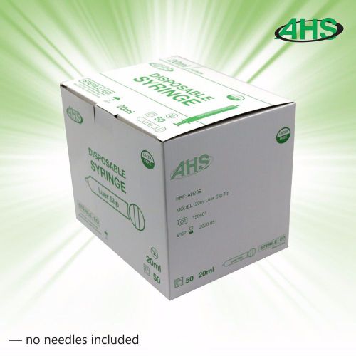 50/box Disposable syringe - 20cc/20 ml syringes, Luer slip, sterile, w/o needles