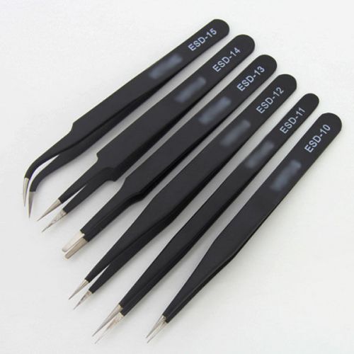 6pc/Set Straight Curved Tip ESD10-15 Anti Static Steel Precision Tweezers Newest