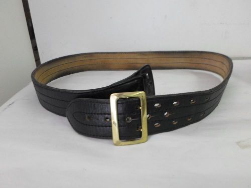 Aker black leather duty belt, size 46, 2 1/8&#034; wide with brass color buckle for sale