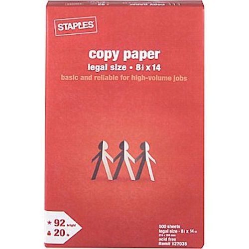 Staples Copy Paper, 8 1/2&#034; x 14&#034;, 500 sheets/ream Legal size FREE PRIORITY SHIP