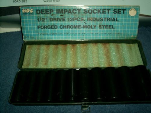 Vintage hdc  12pc 1/2&#034; drive deep impact  socket set with metal case 6 points for sale