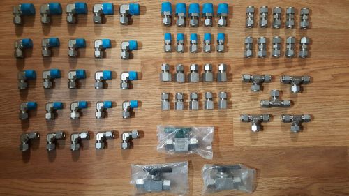 Huge lot of 63 pcs brand new swagelok fittings unions tees elbows valves tubing for sale