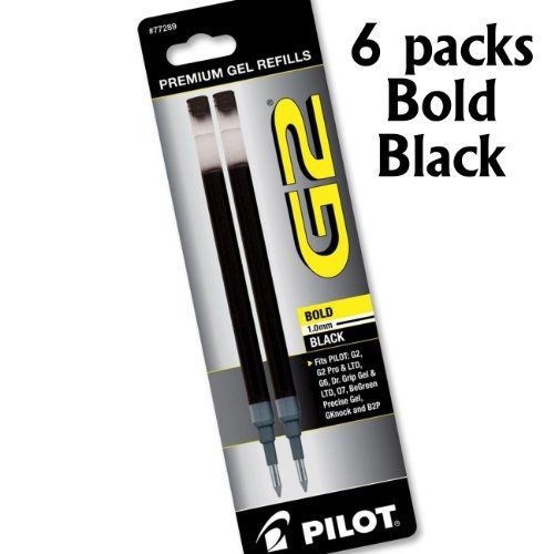 Value Pack of 6, Pilot G2 Roller Ball ink refills, Bold, Black, 6 packs = 12