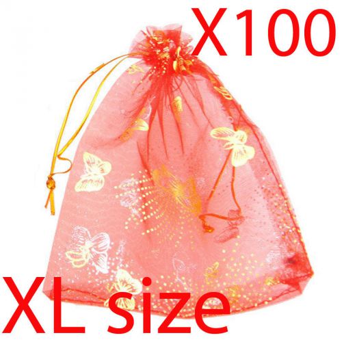 100 XL red butterfly organza gift candy bags jewellery favour pouches wrap