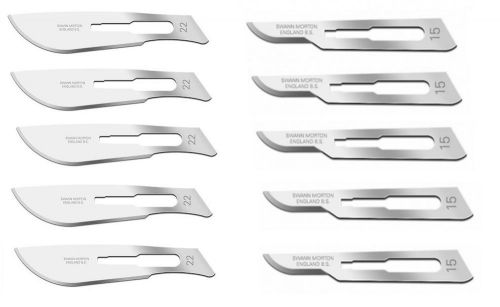 Set of 10 Swann Morton Sterile Carbon Steel Surgical Scalpel Blades #15 #22