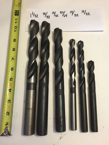 Straight shank high speed drill bit lot of 6 1 1/32,31/32,19/32,37/64,19/32, for sale