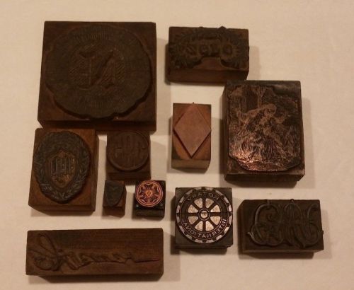 Lot of 11 vintage letterpress printer blocks ~ seals, symbols, words... for sale