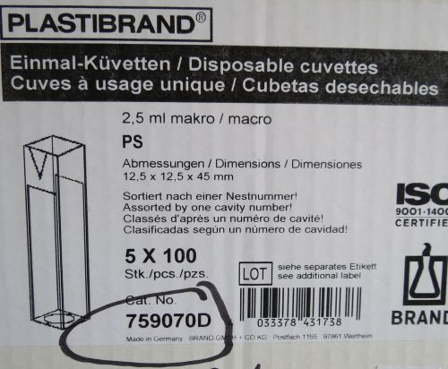 Brandtech Disposable Cuvettes 2.5mL-4.5mL Macro # 759070D Qty 499