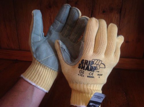 (new) 1-pair-lg-grip sharp yellow dupont kevlar knit/split leather palm gloves for sale