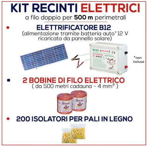 Electric fence kit for 500 mt - energizer b/12 w/solar panel + wire + insulators for sale