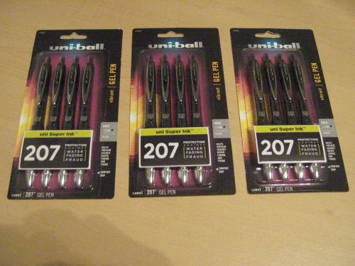 NEW LOT OF (3) 4 PACK UNI-BALL 207 VIBRANT GEL PEN ULTRA BOLD BLACK INK, 12 PENS