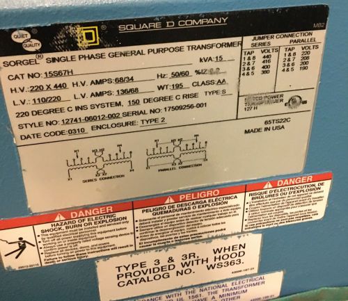 Square d company 15s67h transformer sorgel single phase power 15kva electric for sale