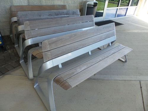 Lot of 4 Landscapeforms Rest Bench with Jarrah Wood No Finish and Silver Frame