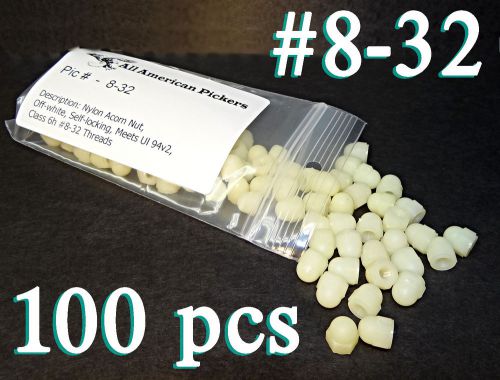 100 - BRAND NEW Nylon Acorn Hex Cap Nuts, #8-32 Threads Off-white, Self-locking.