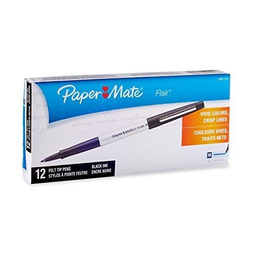 Paper Mate Flair Felt Tip Pen, Medium Point, White Barrel, Black Ink, 12 Count