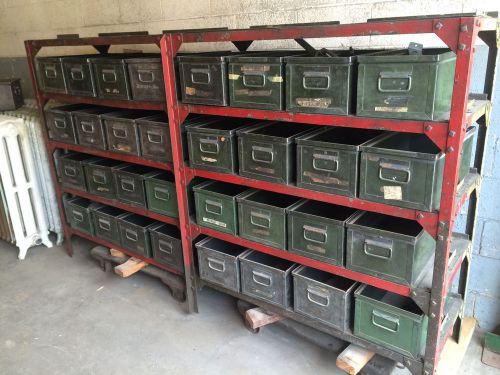 Vintage lyon metal storage bins w/ matching antique industrial shelving unit for sale