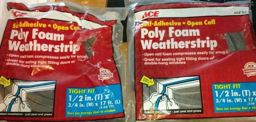 LOT OF (2) Poly Foam Weatherstrip By ACE self adhesive tight fit &#034;NIP&#034;