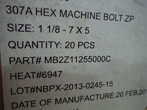 1-1/8-7 X 5&#034; hex bolt (20pcs) Zinc with (20pcs) hex nuts